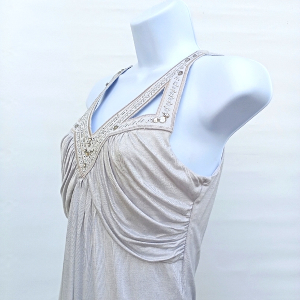 White House Black Market Sleeveless Draping Jeweled Top Jersey Ice Gray X Small - Picture 4 of 10